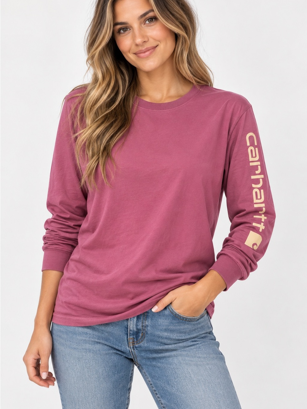 Carhartt Women’s Large Pink Loose Fit Long Sleeve Logo Graphic Shirt 100% Cotton